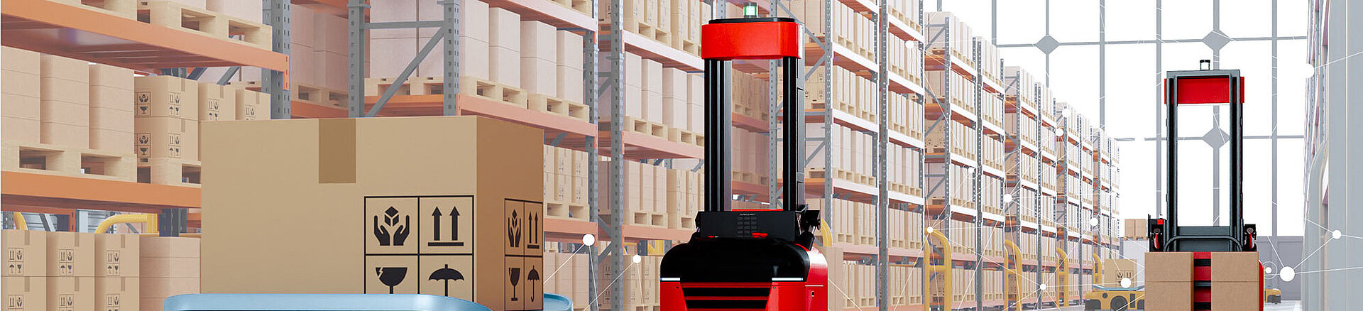 Automated Guided Vehicles (AGV) transporting boxes in a warehouse with high shelves filled with parcels. Kendrion's advanced AGV solutions ensure safety and efficiency in the automation industry